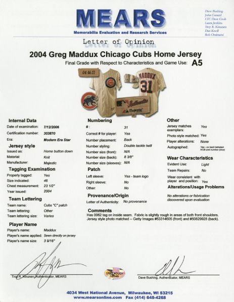 2004 Greg Maddux Signed Game Worn Cubs Jersey