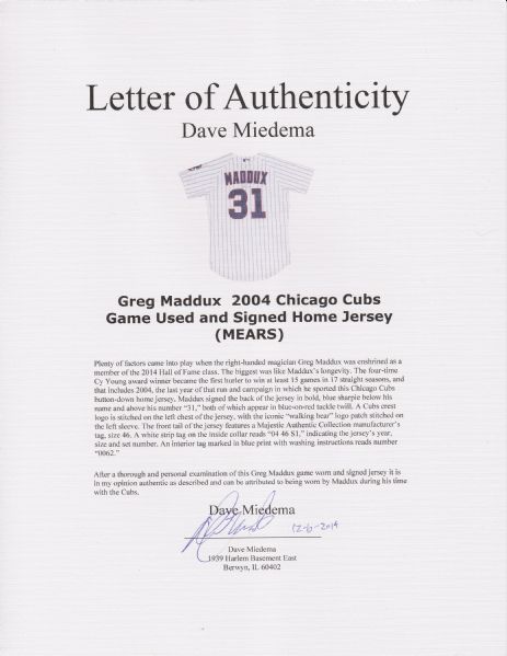 Lot Detail - Greg Maddux 1988 Chicago Cubs Game Used & Autographed  Inscribed Jersey w/Dave Miedema LOA