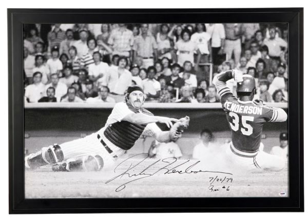 Rickey Henderson Oakland Athletics Autographed 20 x 24 Canvas with Multiple Inscriptions