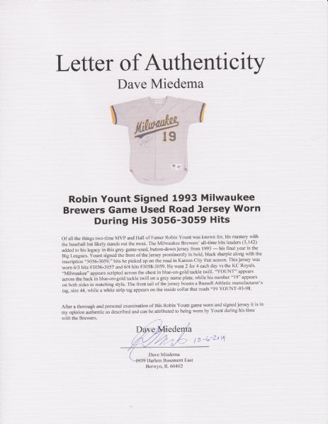 Robin Yount Brewers Signed BP Autographed Custom Jersey JSA – E-5 Sports