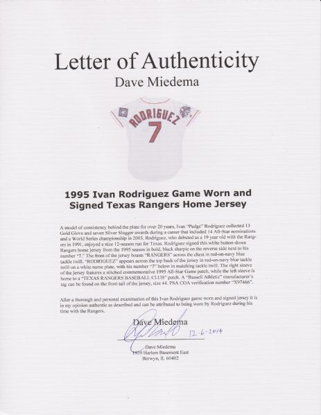 1998-99 Ivan Rodriguez Game Worn Texas Rangers Jersey - Heavy, Lot #50384