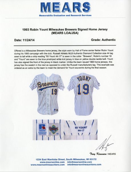 1993 Robin Yount Game Worn Brewers Jersey