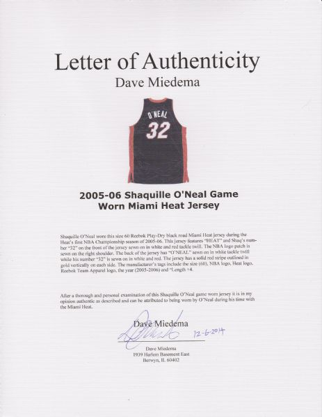 SHAQUILLE O'NEAL GAME WORN AND SIGNED 2006-07 MIAMI HEAT JERSEY