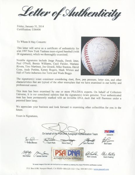 1996 Yankees OAL Baseball Signed by (22) with Derek Jeter, Mariano Rivera,  Andy Pettitte, Bernie Williams Inscribed 1996 World Champs with Display  Case (PSA)