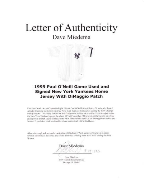 1999 Paul O'Neill World Series Game Worn New York Yankees Jersey, Lot  #59340