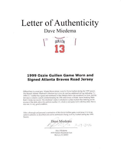 Lot Detail - 1999 Ozzie Guillen Game Worn and Signed Atlanta Braves Road  Jersey