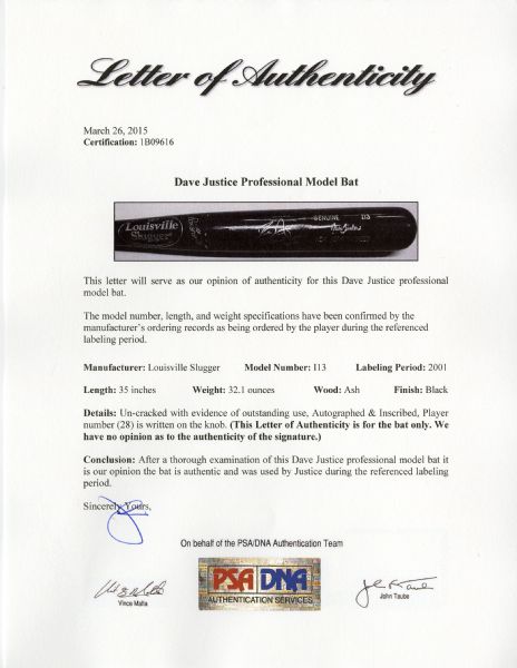 David Justice Signed Game-Used Atlanta Braves Louisville Slugger Genuine  R161 Baseball Bat (Mears & JSA ALOA)