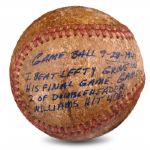 Historically Significant 1941 Game Used  "Game Ball" 9/28/1941 Ted Williams Bats .406, Lefty Grove Pitches Last Career Game (Final Game of Season)