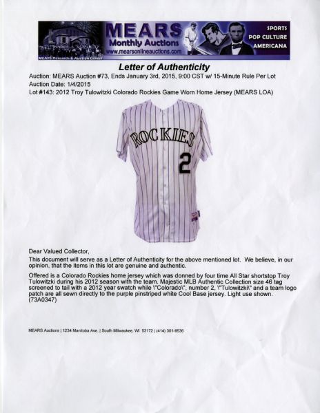 Lot Detail - 2012 Troy Tulowitzki Game Used Colorado Rockies Home Jersey  (MEARS)