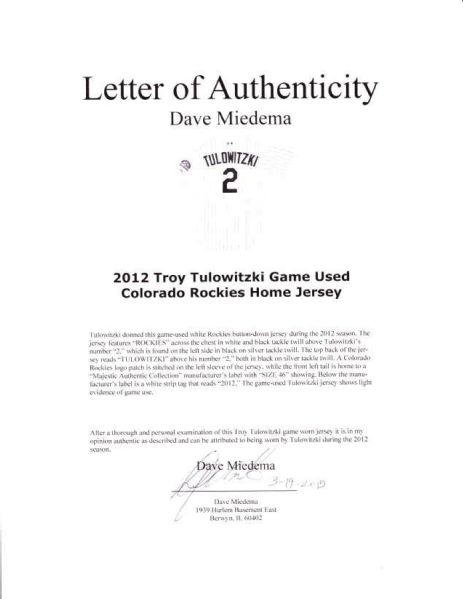 2012 Troy Tulowitzki Game Worn Colorado Rockies Jersey.