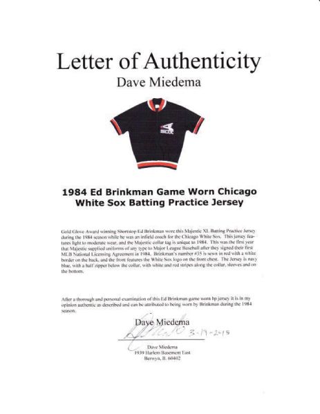 Lot Detail - 1984 Ed Brinkman Game Worn Chicago White Sox Batting Practice  Jersey