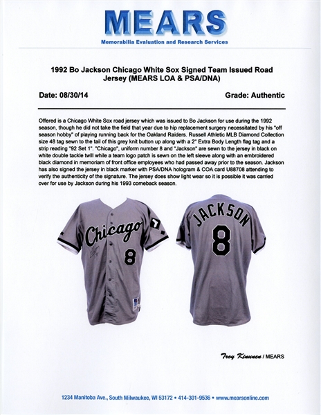 1991 Bo Jackson Game Used & Signed Chicago White Sox Road