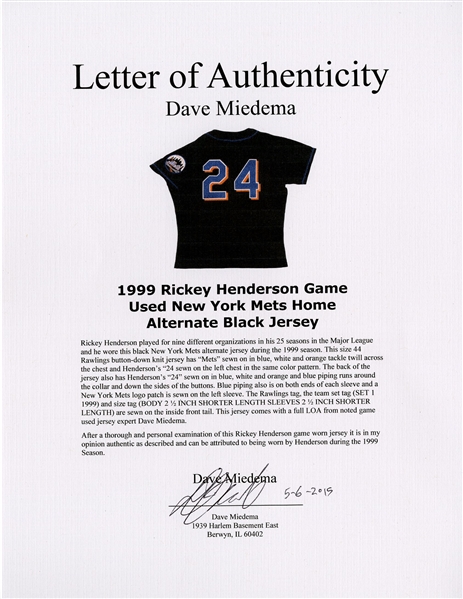 2000 Rickey Henderson Game-Used Mets Alternate Jersey (Player's Letter)  w/1999 Game Used Cap & Signed Photo w/Player Letter - Memorabilia Expert