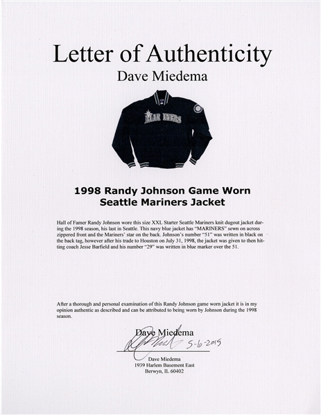 Randy Johnson Game Worn Signed Jersey 1998 Seattle Mariners HOF JSA