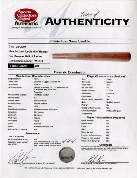 Sold at Auction: 1930s J L Higgins Collegiate Jimmie Foxx Model Baseball Bat,  Etc.
