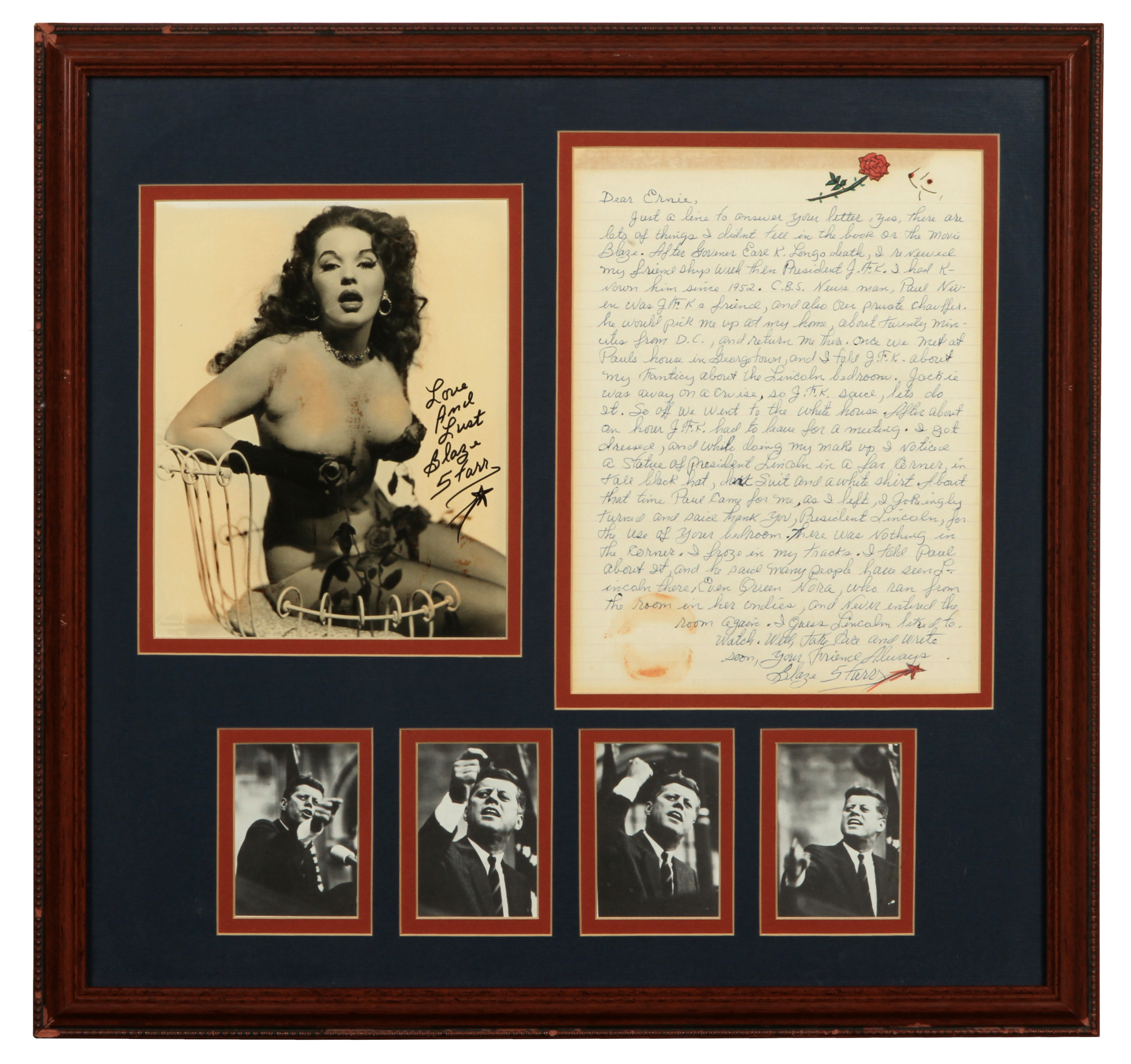 Blaze Starr Famous Burlesque Dancer Signed and Framed Photos and JFK Letter...