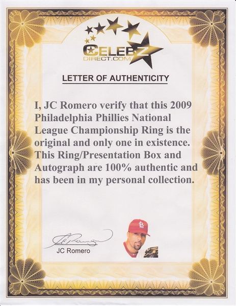Lot Detail - 2009 Philadelphia Phillies NL Championship Player's Ring -  J.C. Romero (Romero LOA)