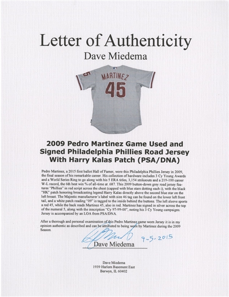 Lot Detail - 2009 Pedro Martinez Game Used and Signed Philadelphia Phillies  Road Jersey With Harry Kalas Patch (PSA/DNA)