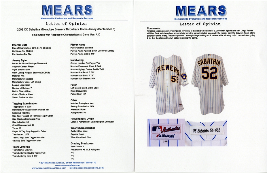 Lot Detail - C.C. Sabathia 2008 Game Used Milwaukee Brewers Home Jersey  (MLB Authenticated and MEARS A-10)