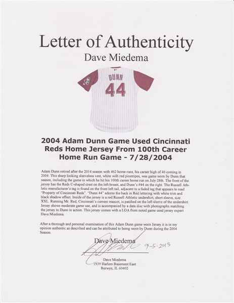 Lot Detail - 2004 Adam Dunn Game Used Cincinnati Reds Home Jersey Used On  7/28/04 For Career Home Run #100