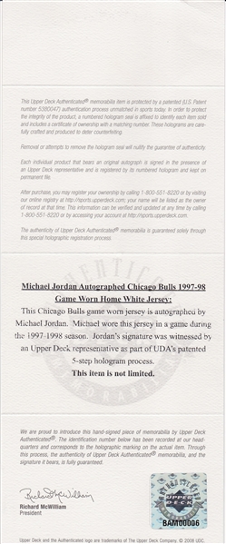 Lot Detail - 1997-98 Michael Jordan Chicago Bulls Game-Used Home Jersey  (Photo-Matched • Bulls LOA • MeiGray LOA • Championship & MVP Season)