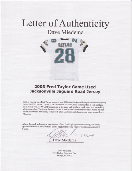 Lot Detail - 2003 Fred Taylor Game Used Jacksonville Jaguars Road