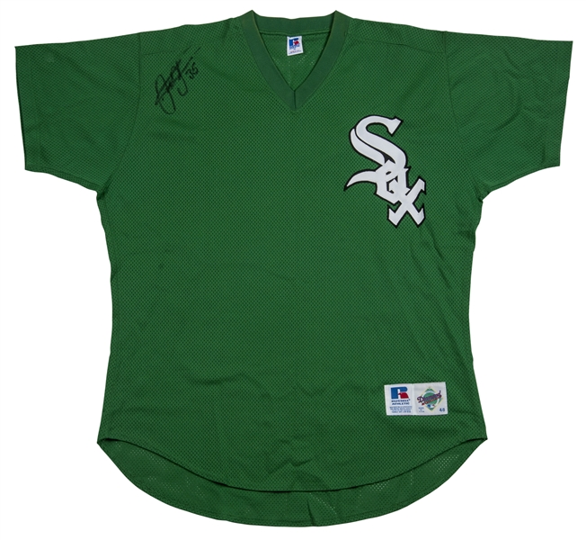 Lot Detail - Frank Thomas Game Used and Twice Signed Chicago White Sox St. Patrick's  Day Jersey With Hat & Stirrups (White Sox LOA)