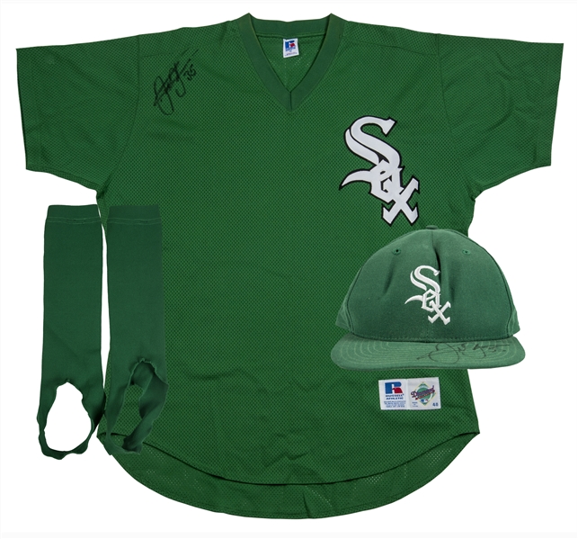 Lot Detail - Frank Thomas Game Used and Twice Signed Chicago White Sox St.  Patrick's Day Jersey With Hat & Stirrups (White Sox LOA)