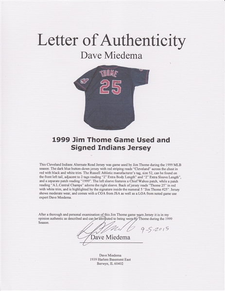 Lot Detail - 1999 Jim Thome Game Used & Signed Cleveland Indians