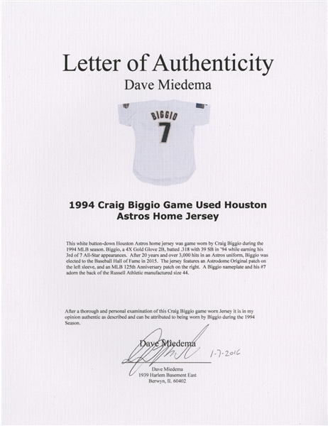 Craig Biggio Houston Astros 1994 Home White Throwback MLB 125th