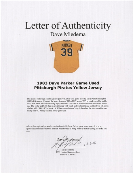 Lot Detail - 1983 Dave Parker Game Used Pittsburgh Pirates Yellow Jersey