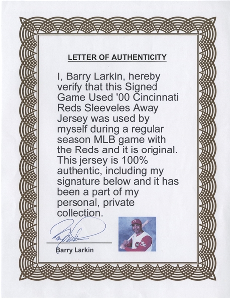 Lot Detail - 2000 Barry Larkin Game Issued and Signed 1969 TBTC