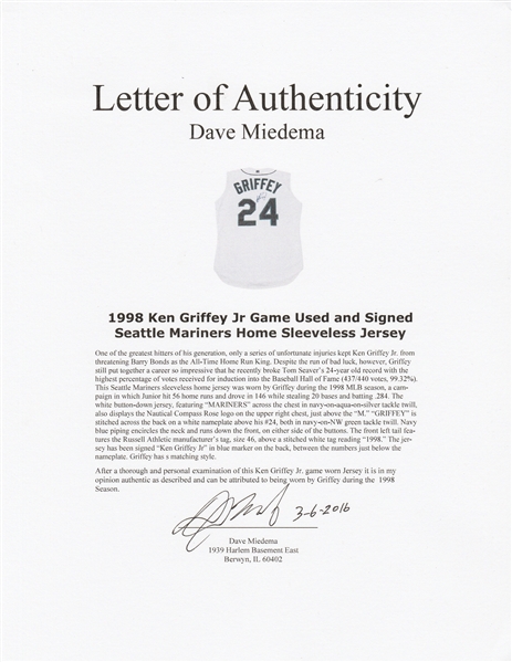 Lot Detail - Ken Griffey Jr Signed Seattle Mariners Sleeveless