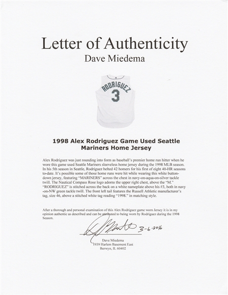 1999 Alex Rodriguez Game Worn Seattle Mariners Jersey.  Baseball, Lot  #81517