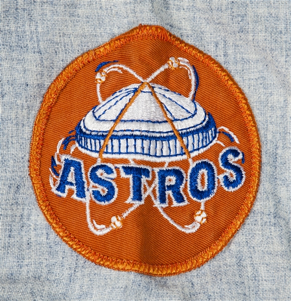 A unicorn visits the Dream Shop, an original team-spec 1975 Houston Astros  game jersey with the gumball 27 disk on the back. This was not game worn,  but holding an original one