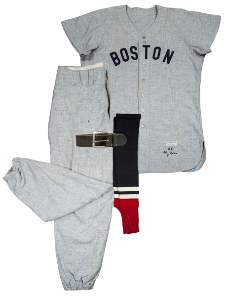 Sold at auction 1955 Ted Williams/Boston Red Sox Wool #9 Game Worn Jersey,  1956 Johnny Schmitz/Boston Red Sox Game Worn Pants, with a Cap and Leggings  Auction Number 2360 Lot Number 1