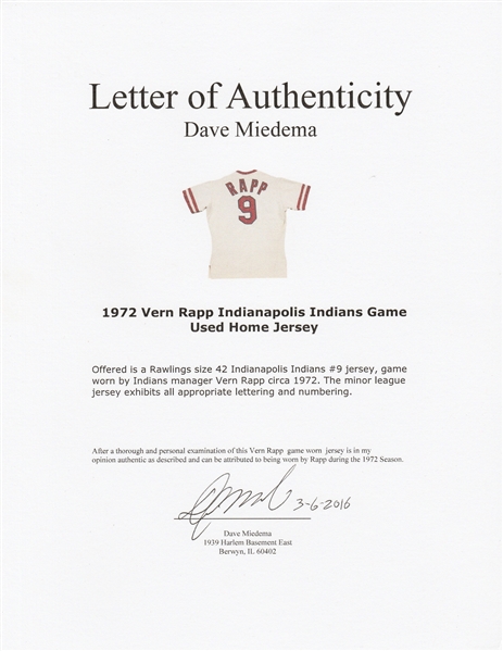 Lot Detail - 1972 Vern Rapp Indianapolis Indians Game Used Home Jersey