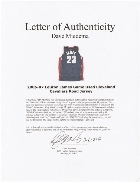 Lot Detail - LeBron James 2006-07 Game Used Cleveland Cavaliers Road Jersey  (Good Use, Miedema LOA)