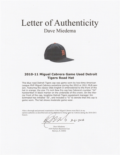 2012 Miguel Cabrera Game Worn Detroit Tigers Turn Back The Clock, Lot  #81962