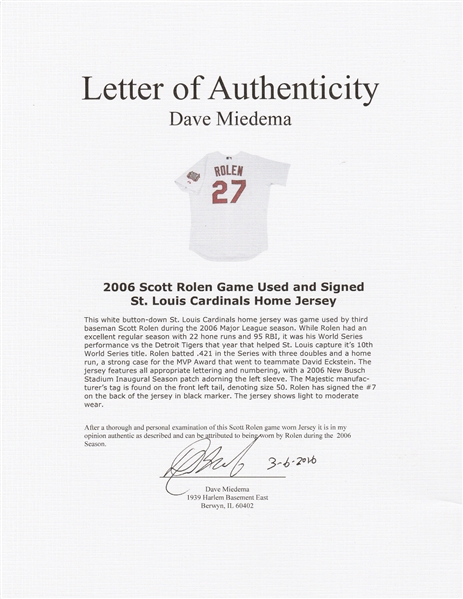 Scott Rolen Signed Majestic Authentic St. Louis Cardinals Jersey