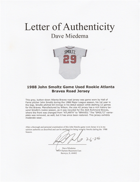 Lot Detail - 1988 John Smoltz Game Used Rookie Atlanta Braves Road