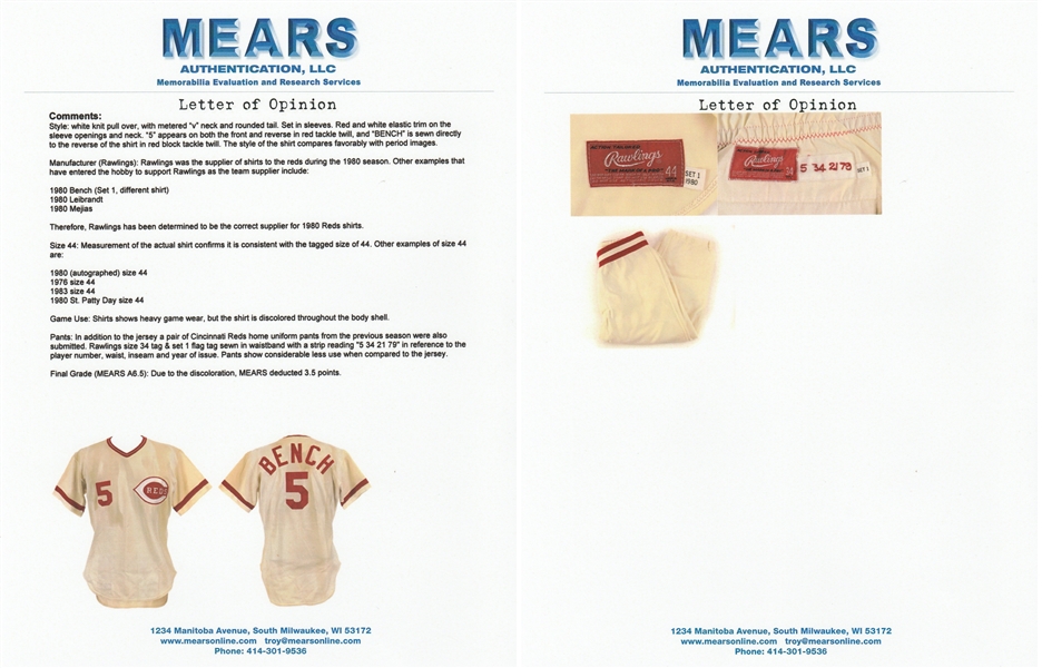 Lot Detail - 1980 Johnny Bench Game Used and Signed Cincinnati Reds Home  Jersey (MEARS A-7)