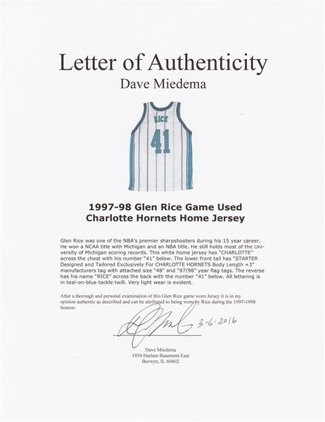 Lot Detail - 1996-97 Glen Rice GI Hornets Jersey