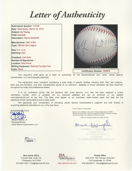 Lot Detail - Tremendous Cy Young Single Signed Baseball (JSA)