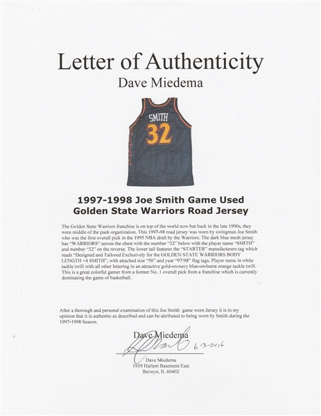 Joe Smith Signed Golden State Warriors Jersey Inscribed '95 #1 Pick (JSA  COA)