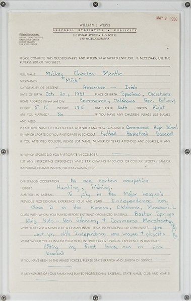 1950 Mickey Mantle PR Sheet filled out in Mantles Own Hand Writing (PSA/DNA)