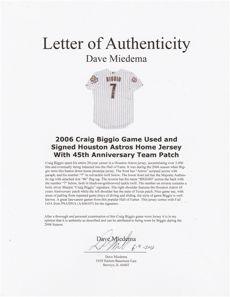 Lot Detail - Craig Biggio 2006 Houston Astros Game Used Jersey w/Dave  Miedema LOA