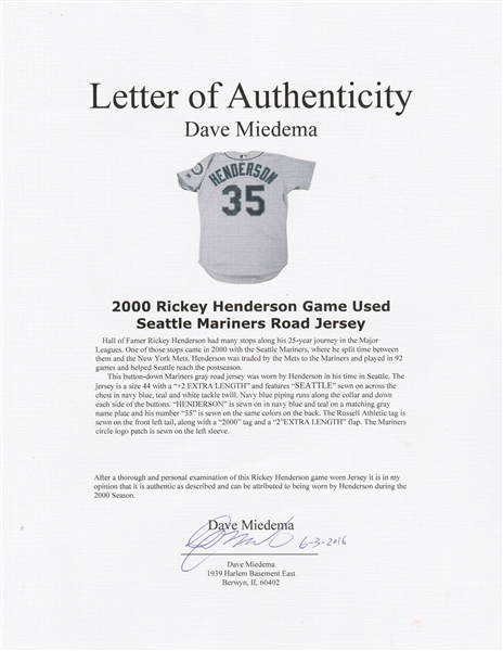 Lot Detail - 2000 Rickey Henderson Seattle Mariners Game-Used