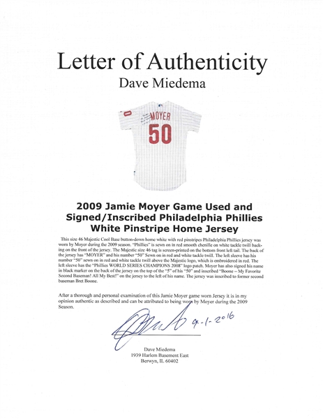 Lot Detail - 2009 Jamie Moyer Game Used and Signed/Inscribed
