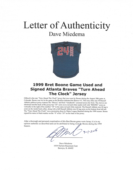 Lot Detail - 1999 Bret Boone Game Used and Signed Atlanta Braves Turn Ahead  The Clock Jersey (Boone LOA)